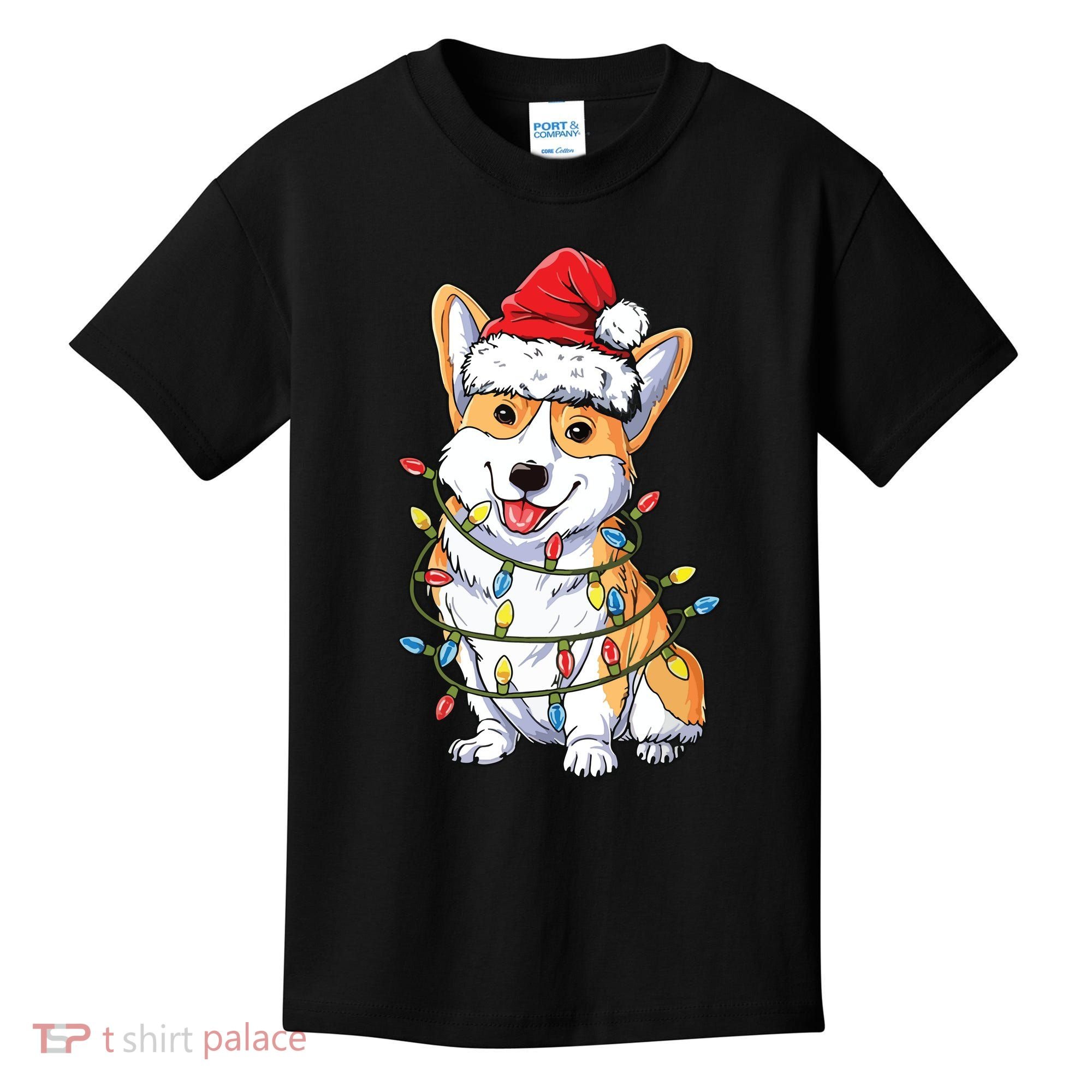 Corgi Santa Christmas Tree Lights Xmas Kids T-Shirt
