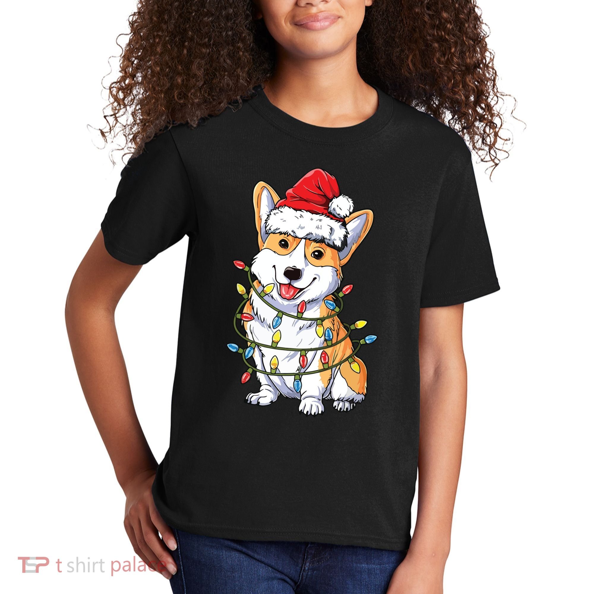 Corgi Santa Christmas Tree Lights Xmas Kids T-Shirt