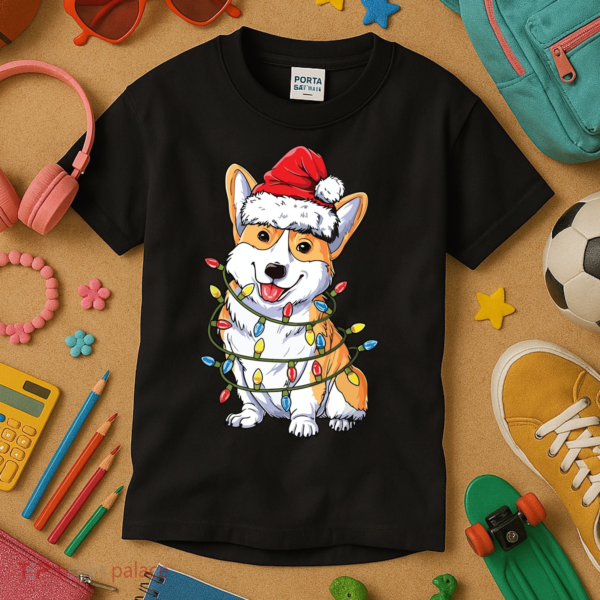 Corgi Santa Christmas Tree Lights Xmas Kids T-Shirt