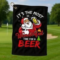 Christmas Santa Claus Drinking Beer Wonderful Time Golf Towel thumb 1