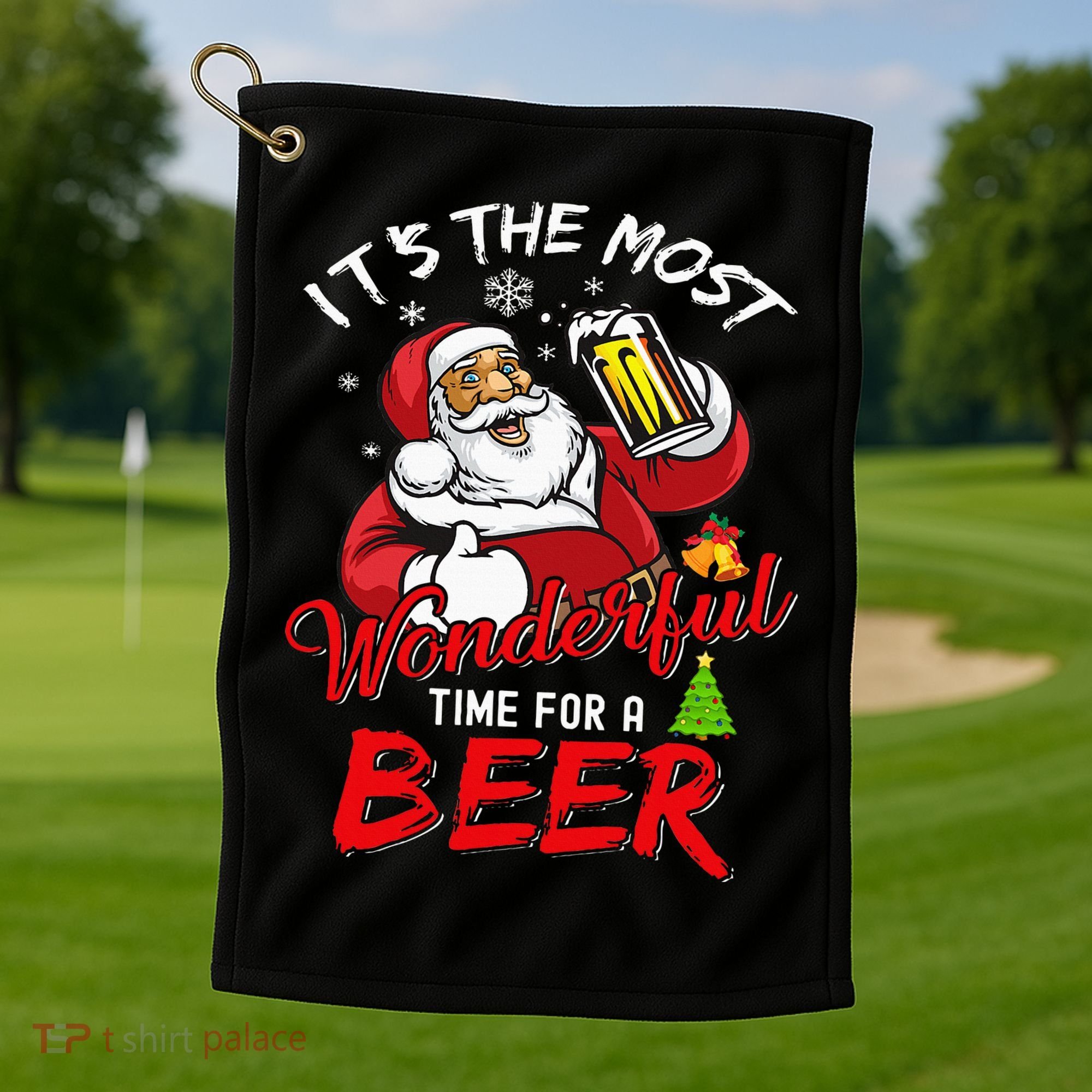 Christmas Santa Claus Drinking Beer Wonderful Time Golf Towel