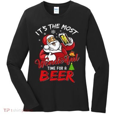 Christmas Santa Claus Drinking Beer Wonderful Time Women's Long Sleeve Shirt