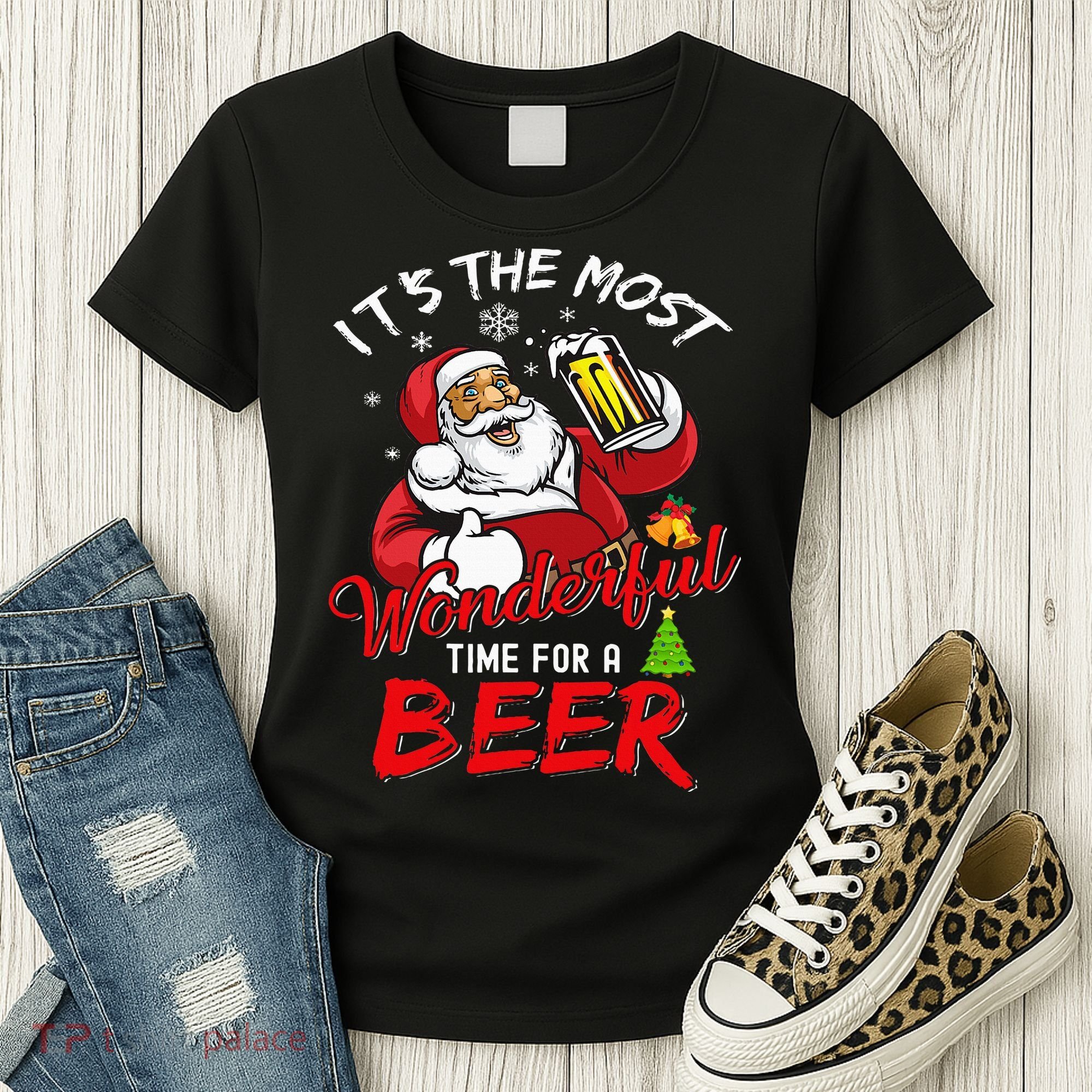 Christmas Santa Claus Drinking Beer Wonderful Time Women's T-Shirt