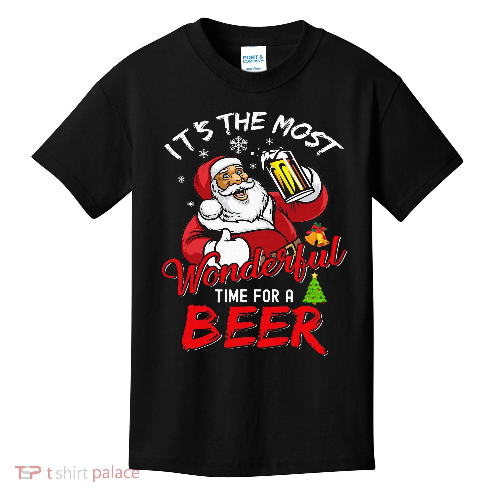Christmas Santa Claus Drinking Beer Wonderful Time Kids T-Shirt