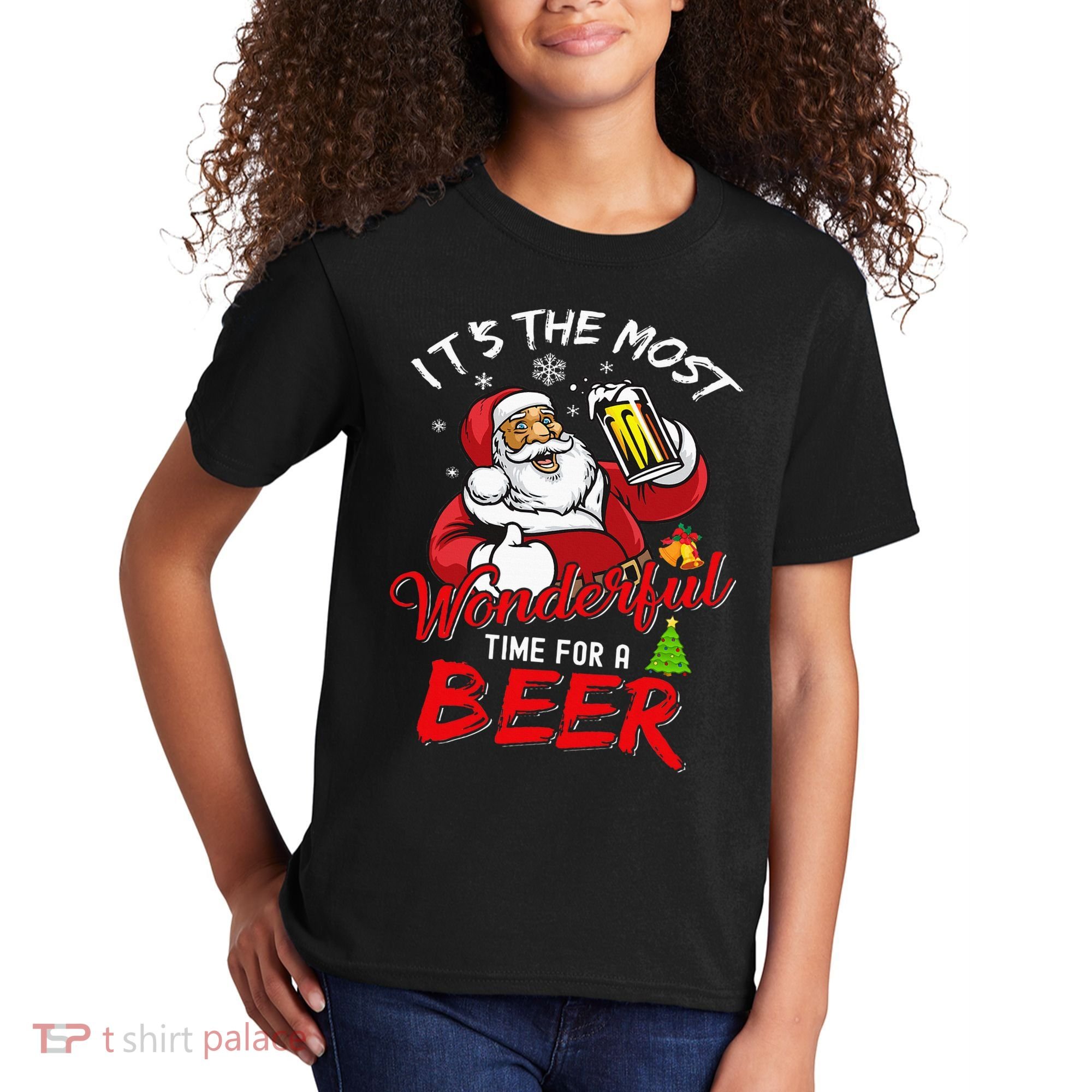 Christmas Santa Claus Drinking Beer Wonderful Time Kids T-Shirt