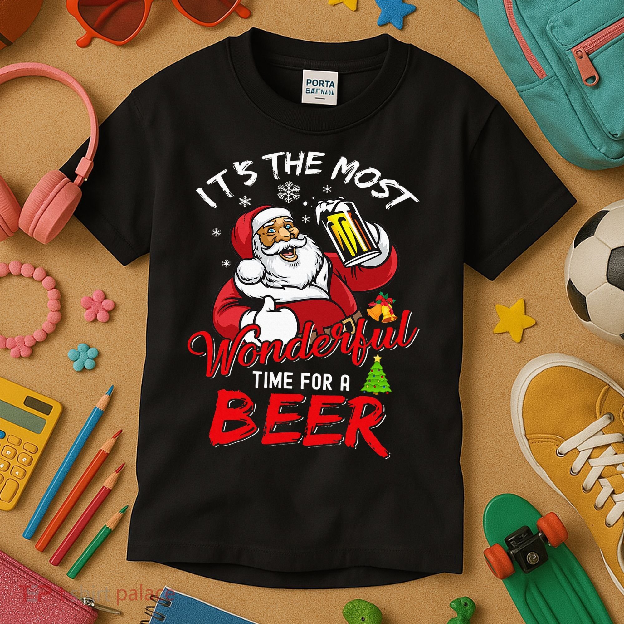 Christmas Santa Claus Drinking Beer Wonderful Time Kids T-Shirt