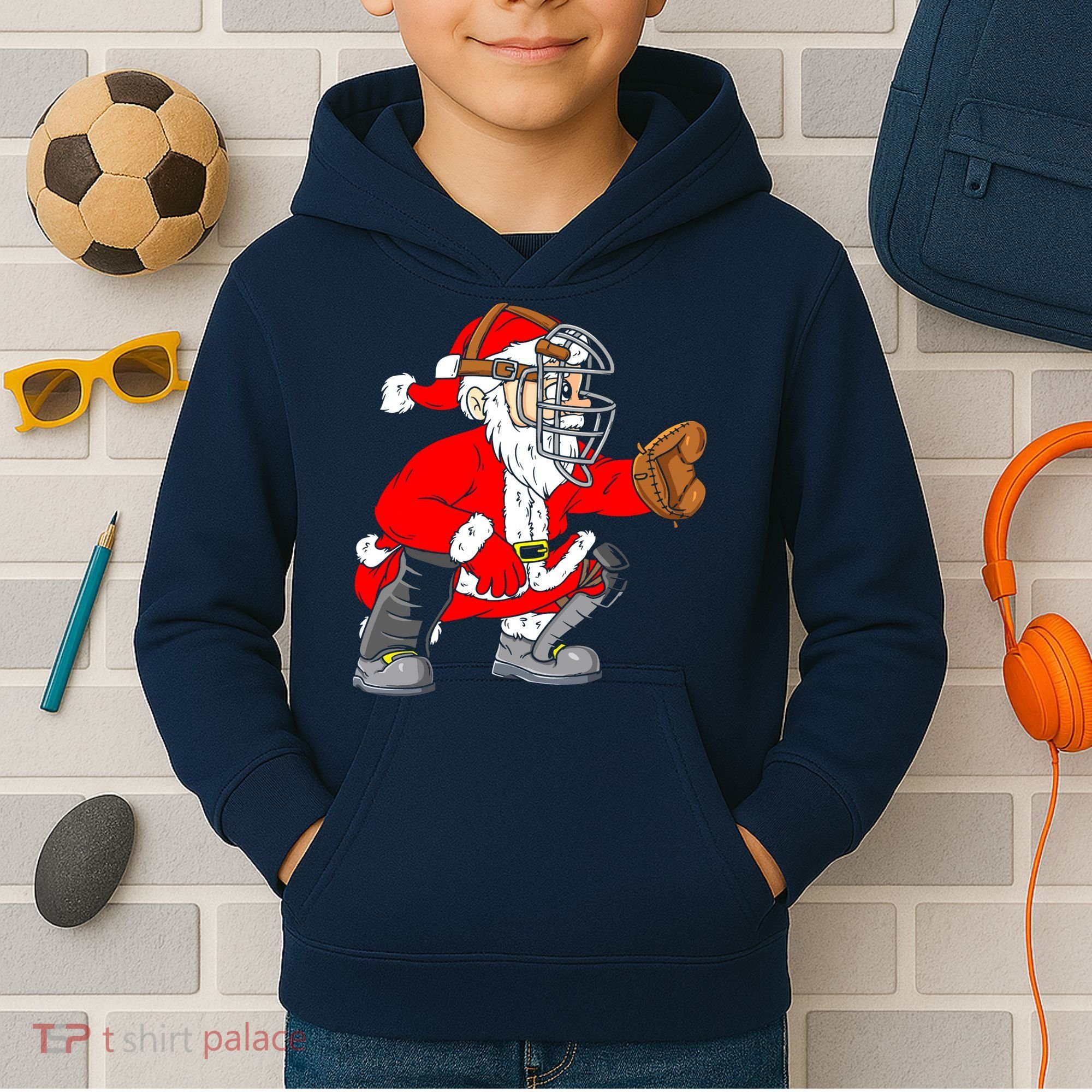 Christmas Santa Claus Baseball Catcher Kids Hoodie