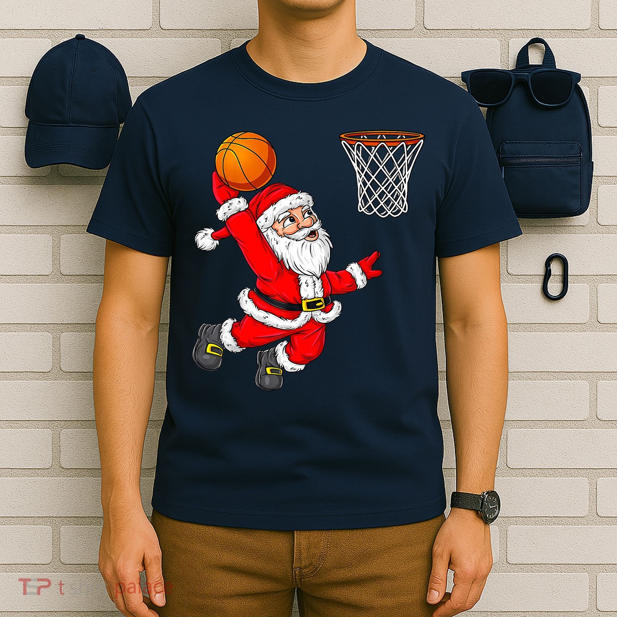 Christmas Santa Claus Dunking A Basketball Funny Xmas T-Shirt