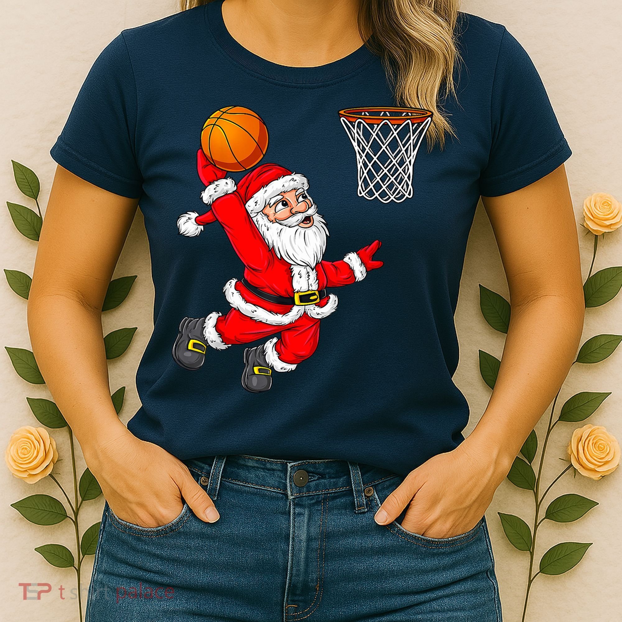 Christmas Santa Claus Dunking A Basketball Funny Xmas Women's T-Shirt