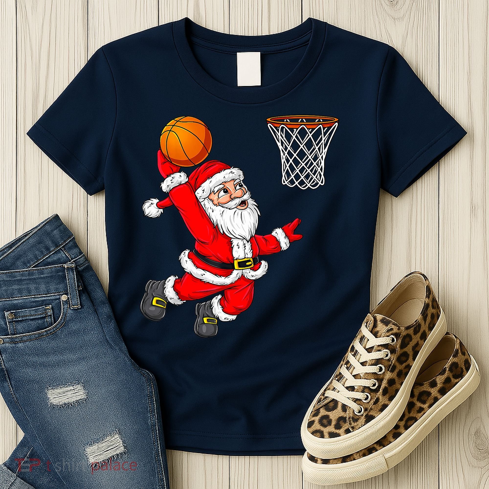Christmas Santa Claus Dunking A Basketball Funny Xmas Women's T-Shirt