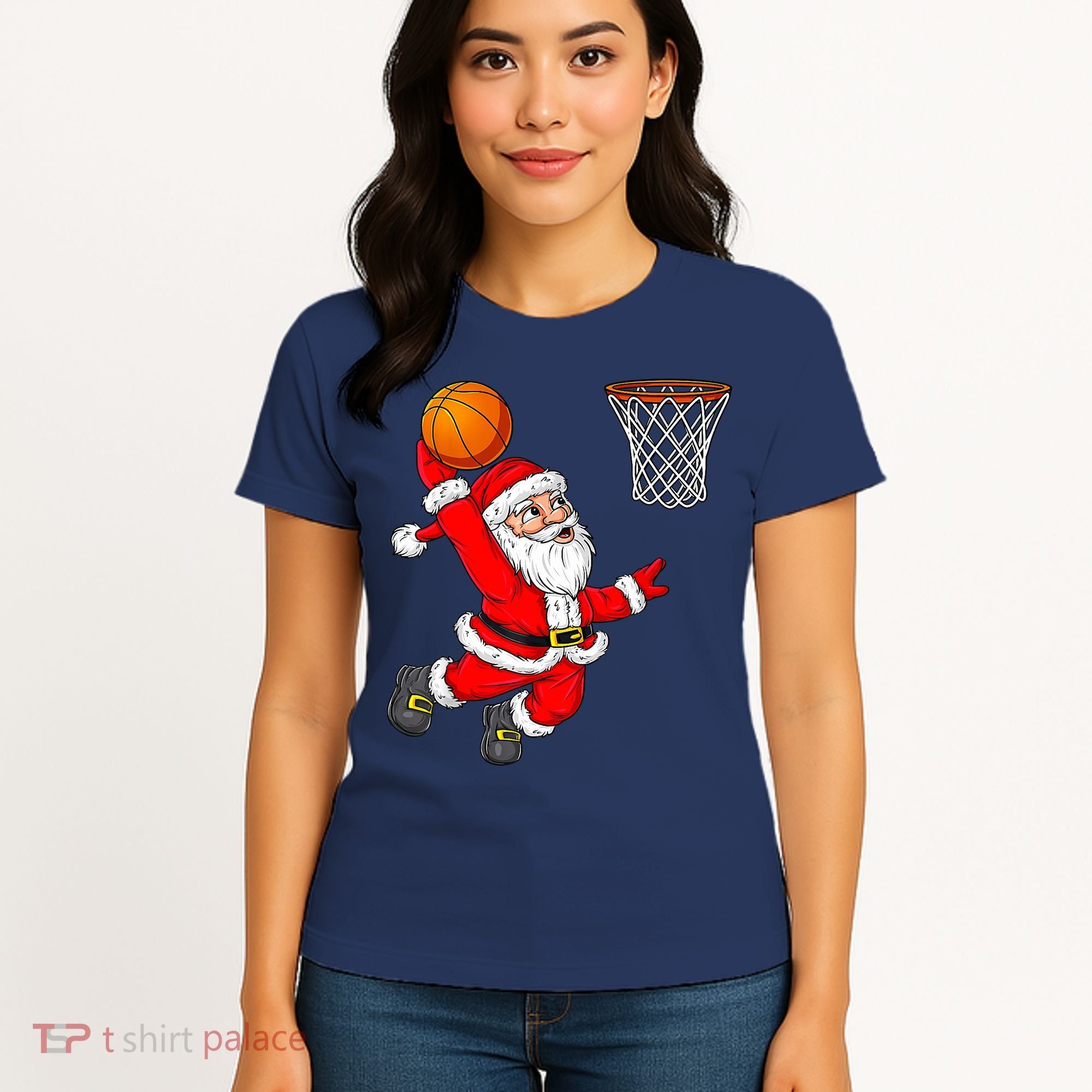 Christmas Santa Claus Dunking A Basketball Funny Xmas Women's T-Shirt
