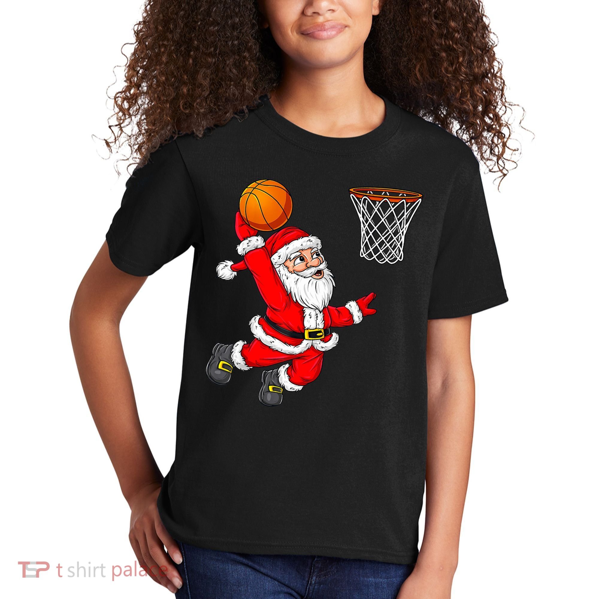 Christmas Santa Claus Dunking A Basketball Funny Xmas Kids T-Shirt