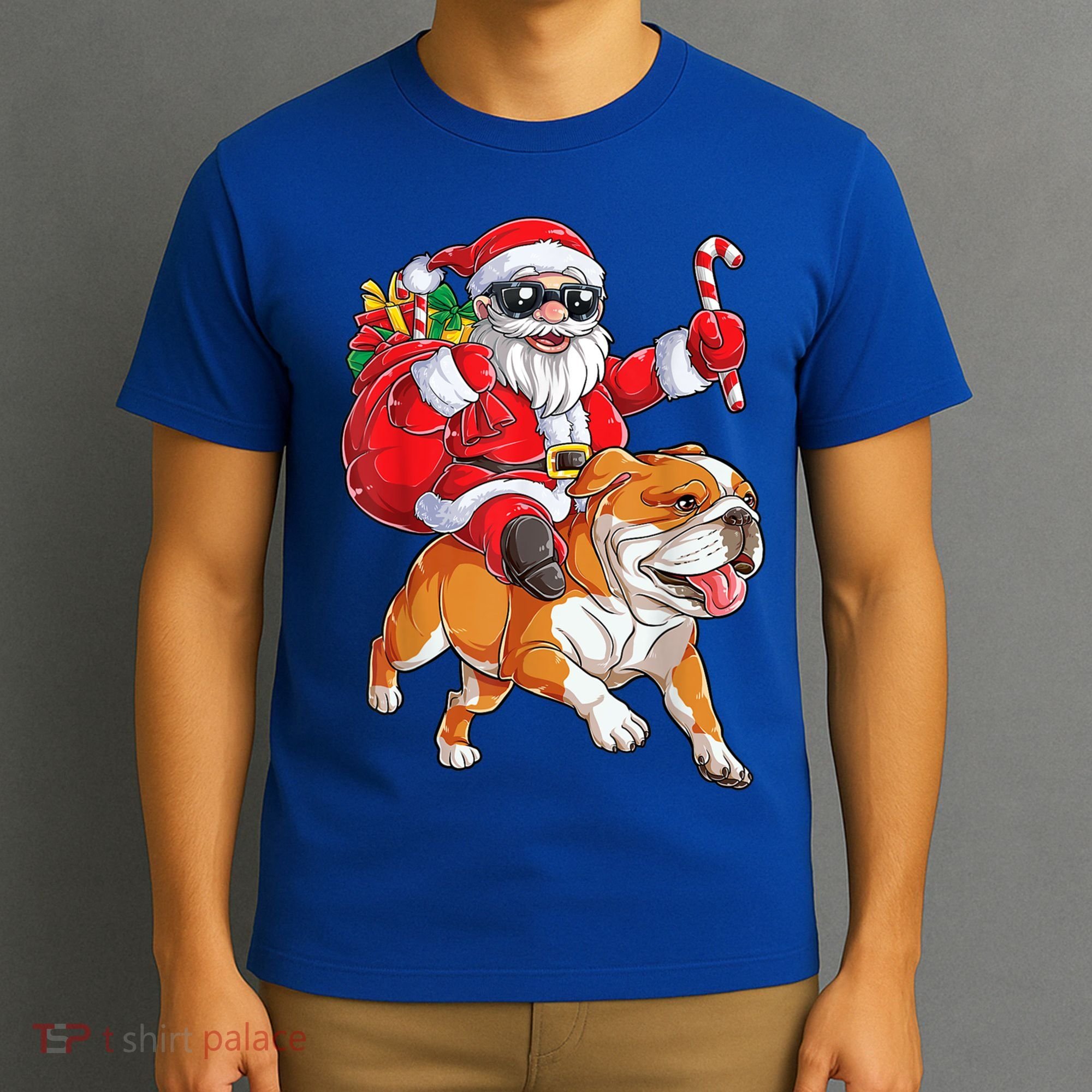 Christmas Santa Claus Riding English Bulldog Xmas Boys Dog Gift T-Shirt
