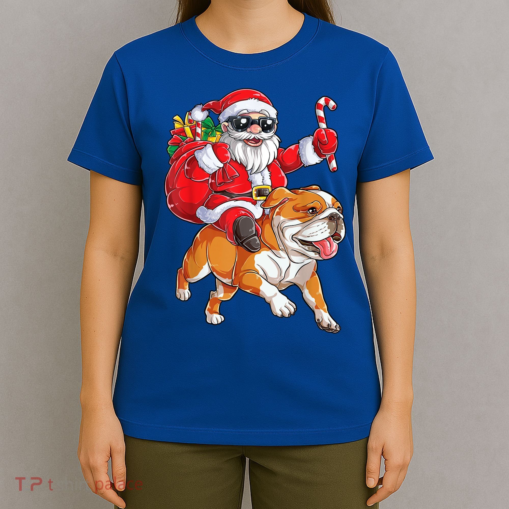 Christmas Santa Claus Riding English Bulldog Xmas Boys Dog Gift T-Shirt