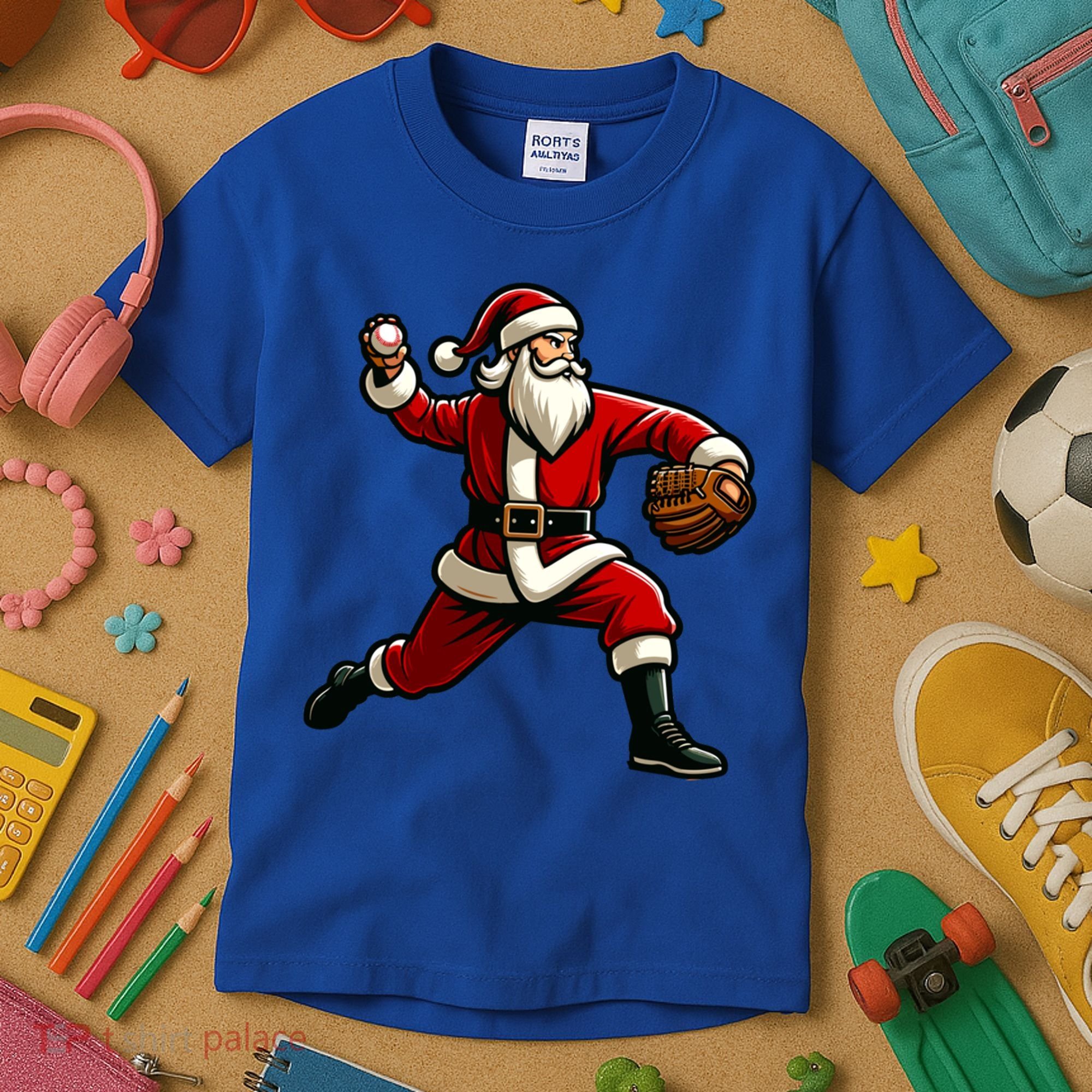 Christmas Santa Claus Baseball Pitcher Teens Xmas Funny Gift Kids T-Shirt