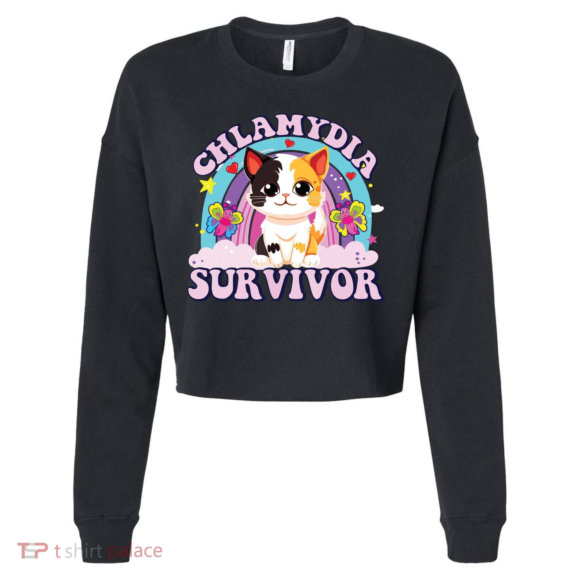 Chlamydia Survivor Cat Meme Funny Cropped Pullover Crew