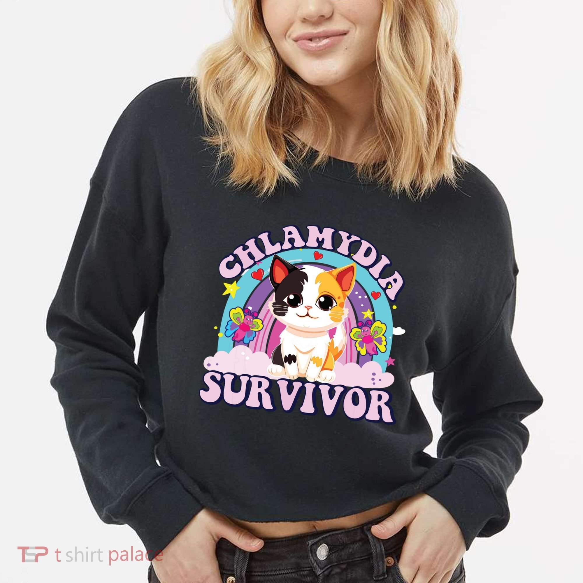 Chlamydia Survivor Cat Meme Funny Cropped Pullover Crew