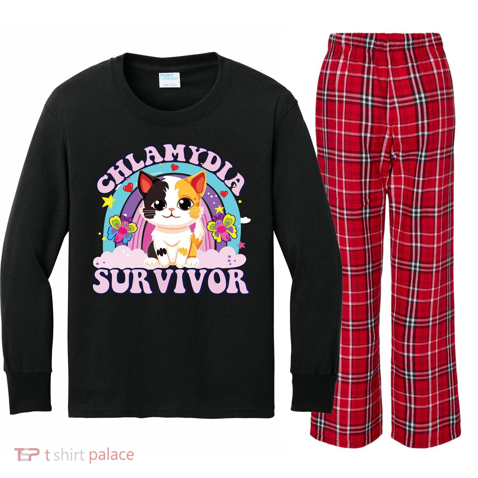 Chlamydia Survivor Cat Meme Funny Kids Long Sleeve Plaid Pajama Set