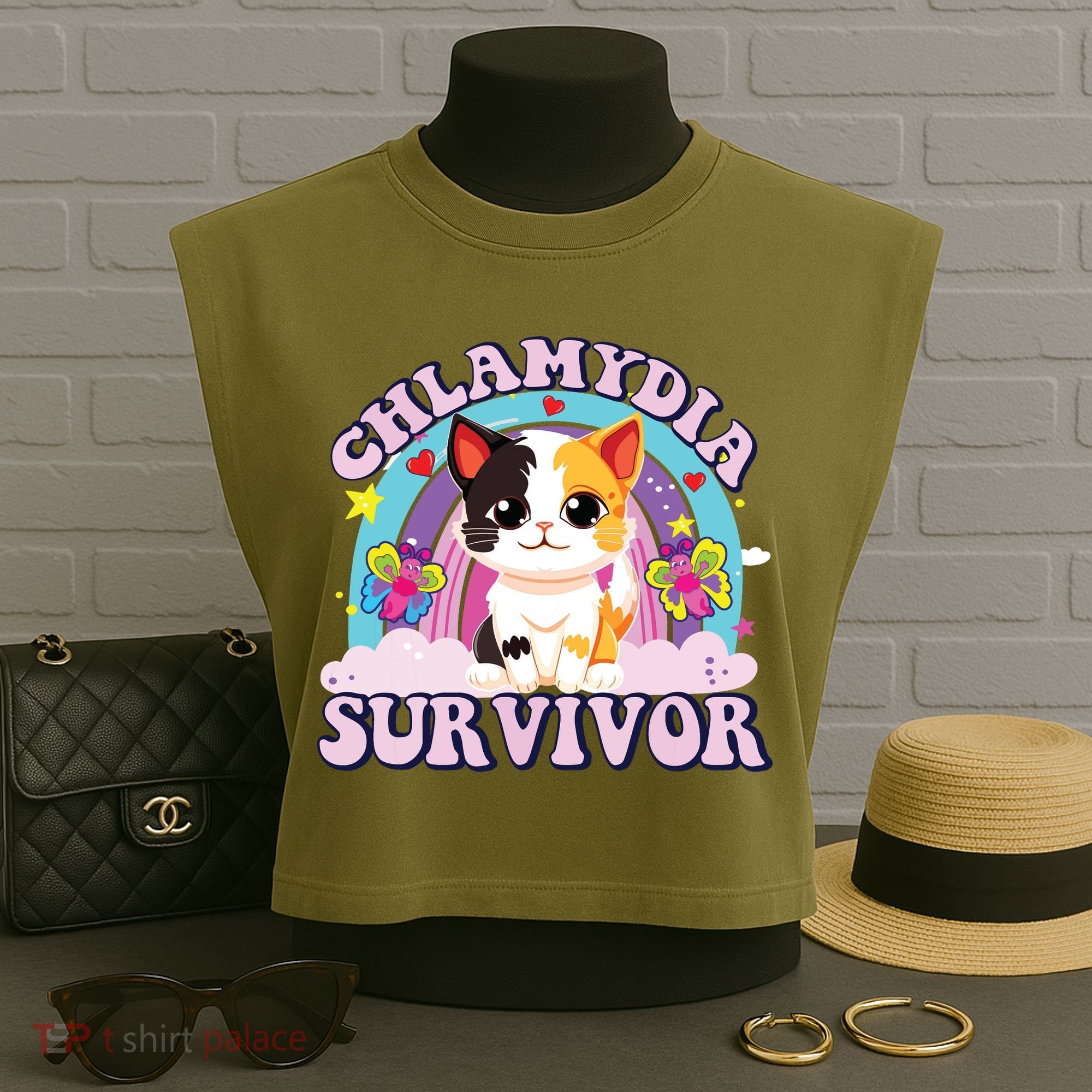 Chlamydia Survivor Cat Meme Funny Garment-Dyed Women's Muscle Tee