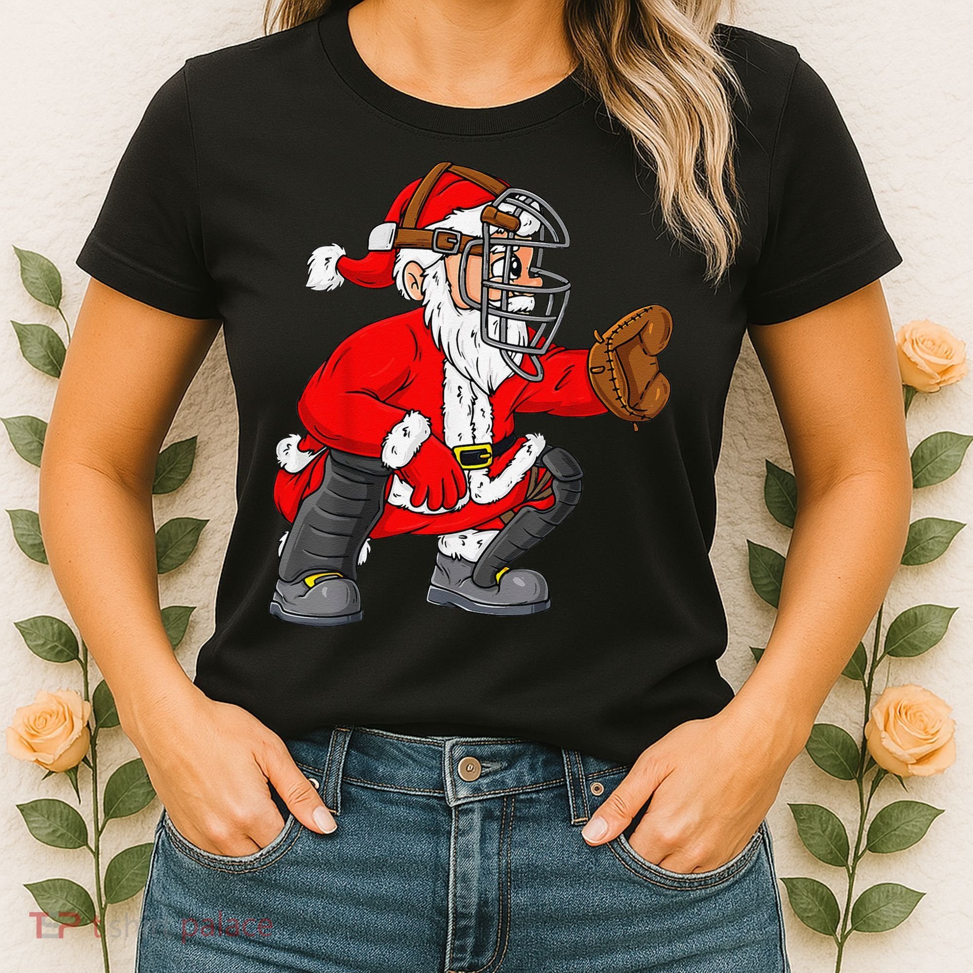 Christmas Santa Claus Baseball Catcher Xmas Women's T-Shirt