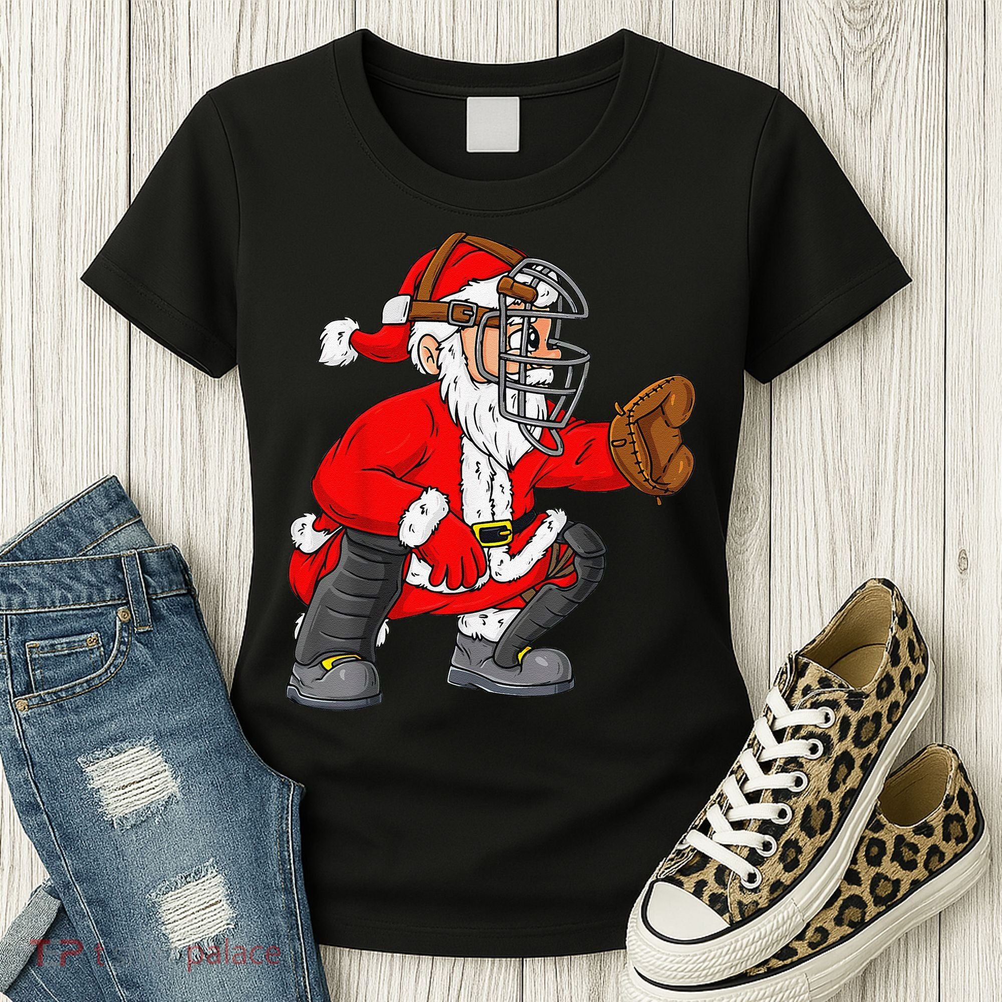 Christmas Santa Claus Baseball Catcher Xmas Women's T-Shirt