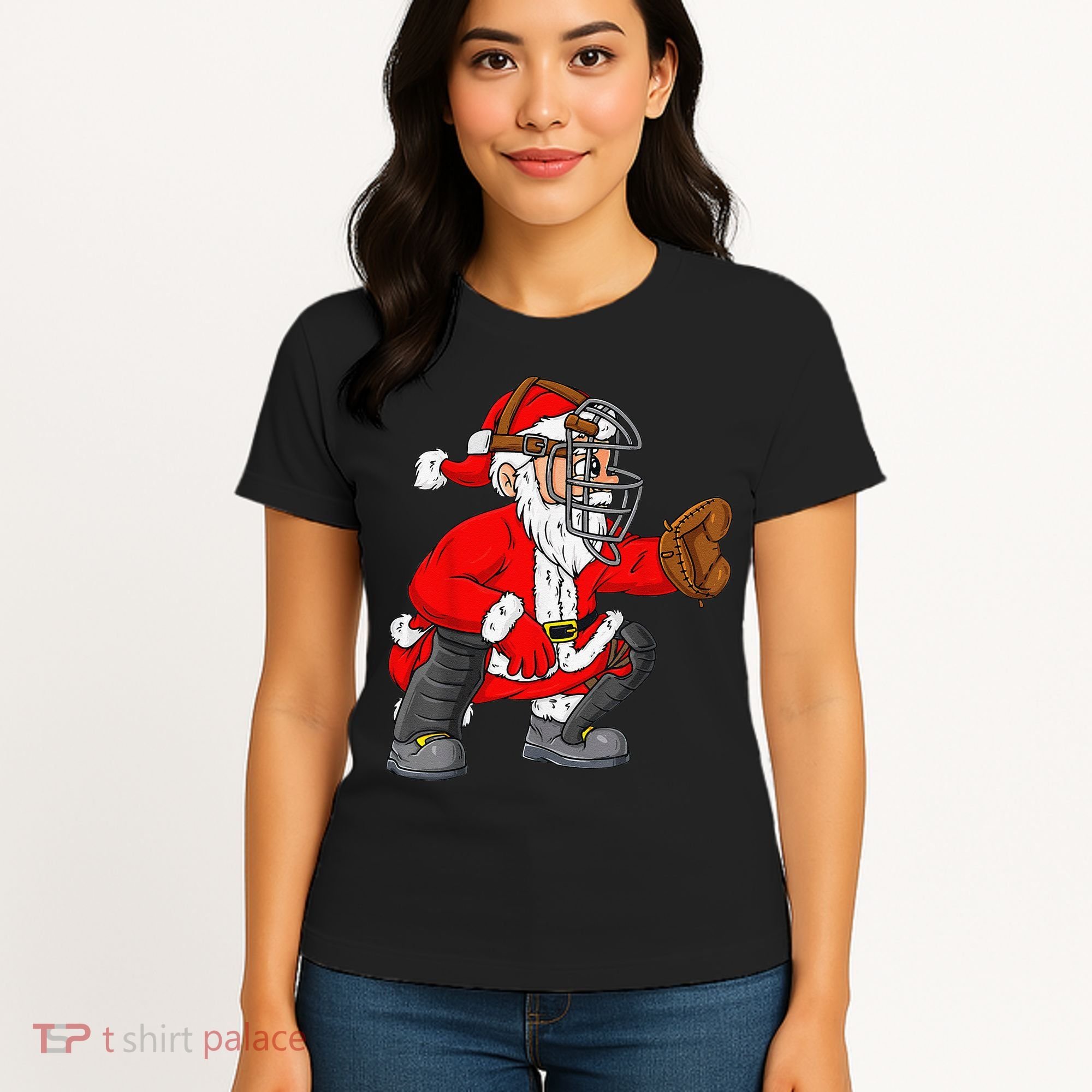 Christmas Santa Claus Baseball Catcher Xmas Women's T-Shirt
