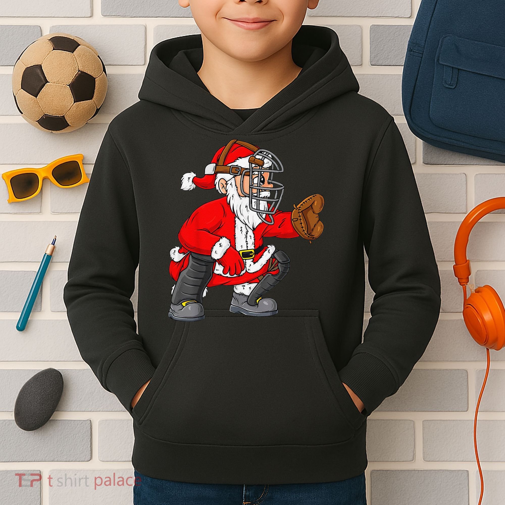 Christmas Santa Claus Baseball Catcher Xmas Kids Hoodie