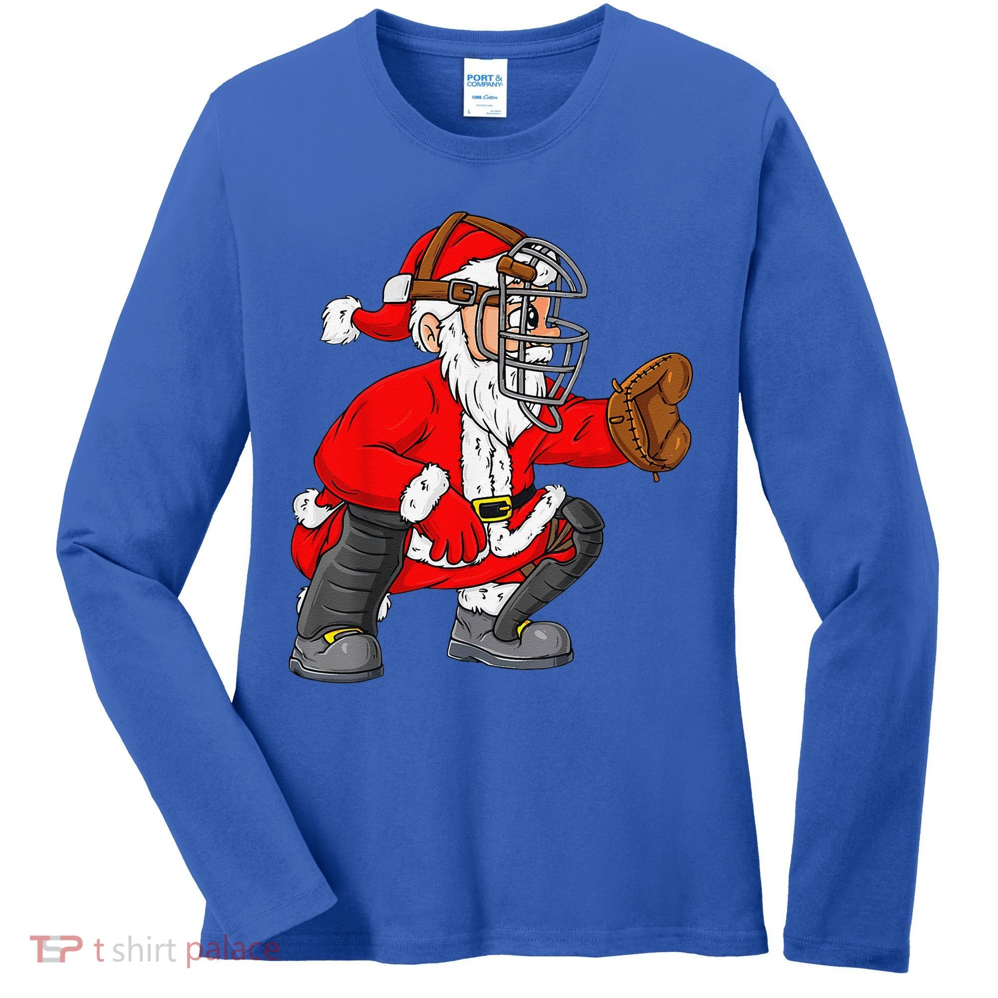 Christmas Santa Claus Baseball Catcher Xmas Women's Long Sleeve Shirt
