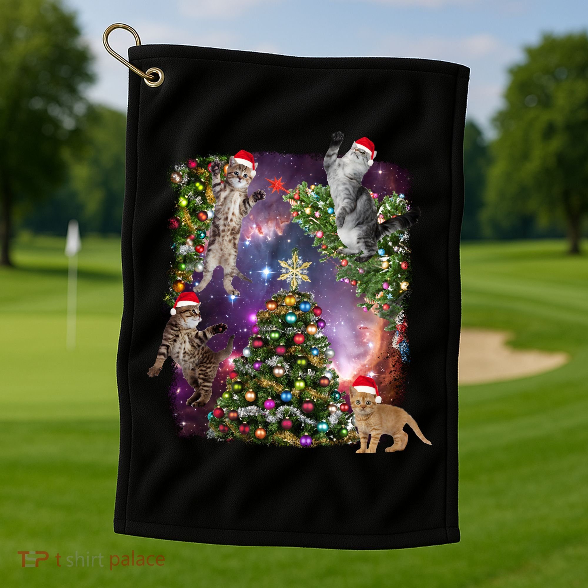 Christmas Space Cats Golf Towel