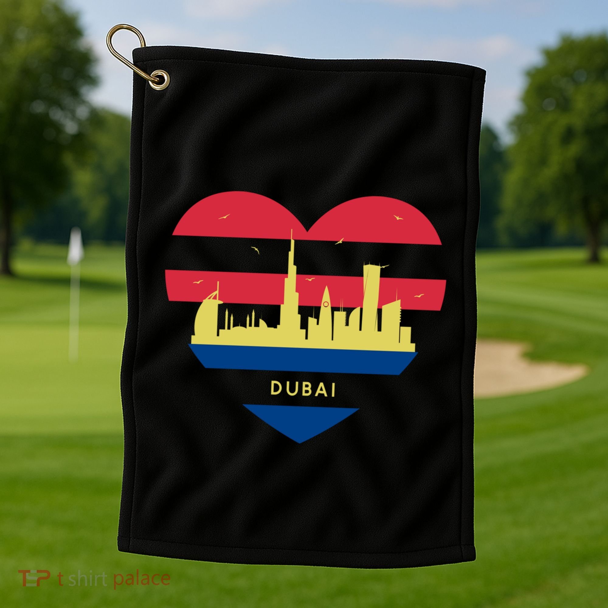 City Skyline Cityscape Heart Shape Birds Flying Dubai Gift Golf Towel