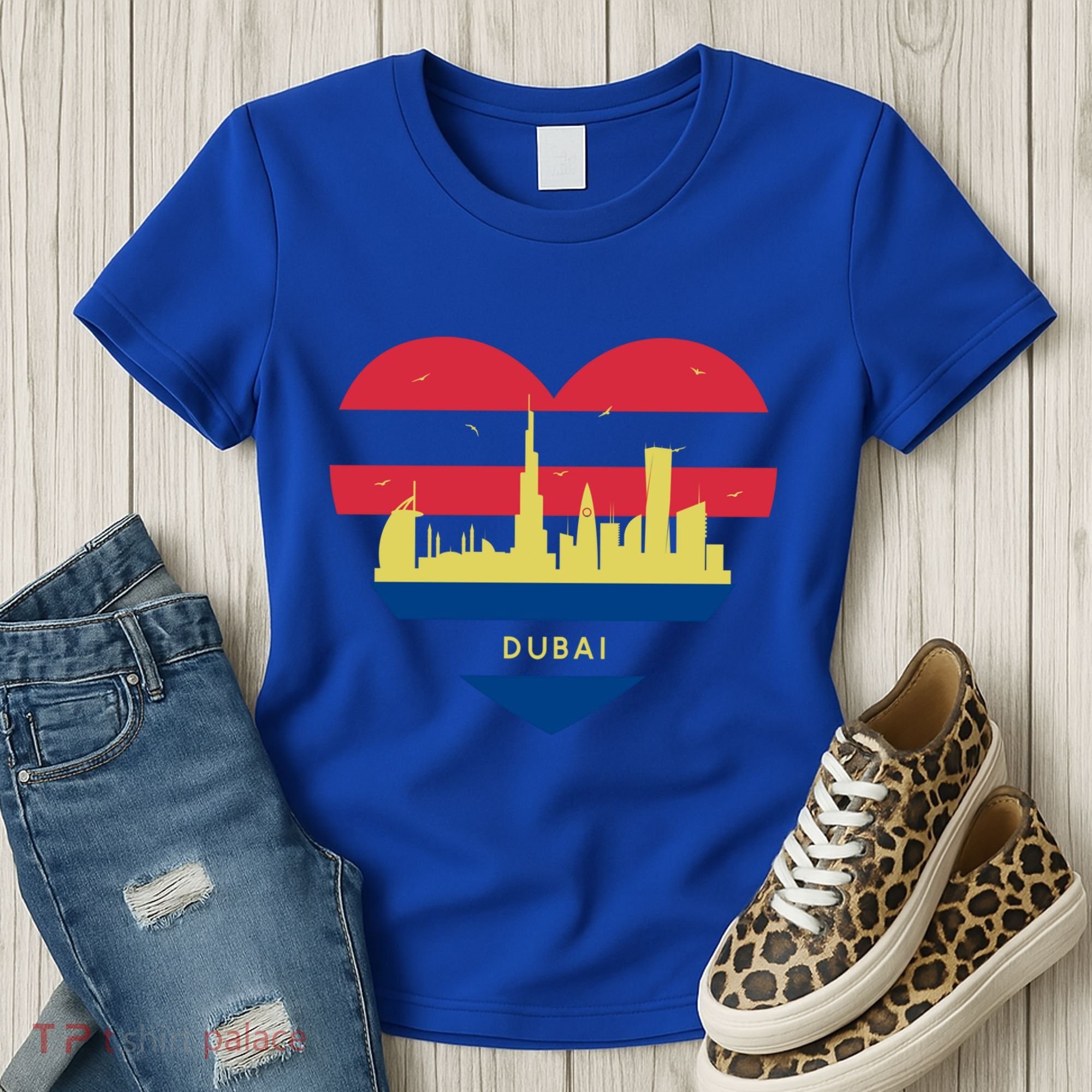 City Skyline Cityscape Heart Shape Birds Flying Dubai Gift Women's T-Shirt