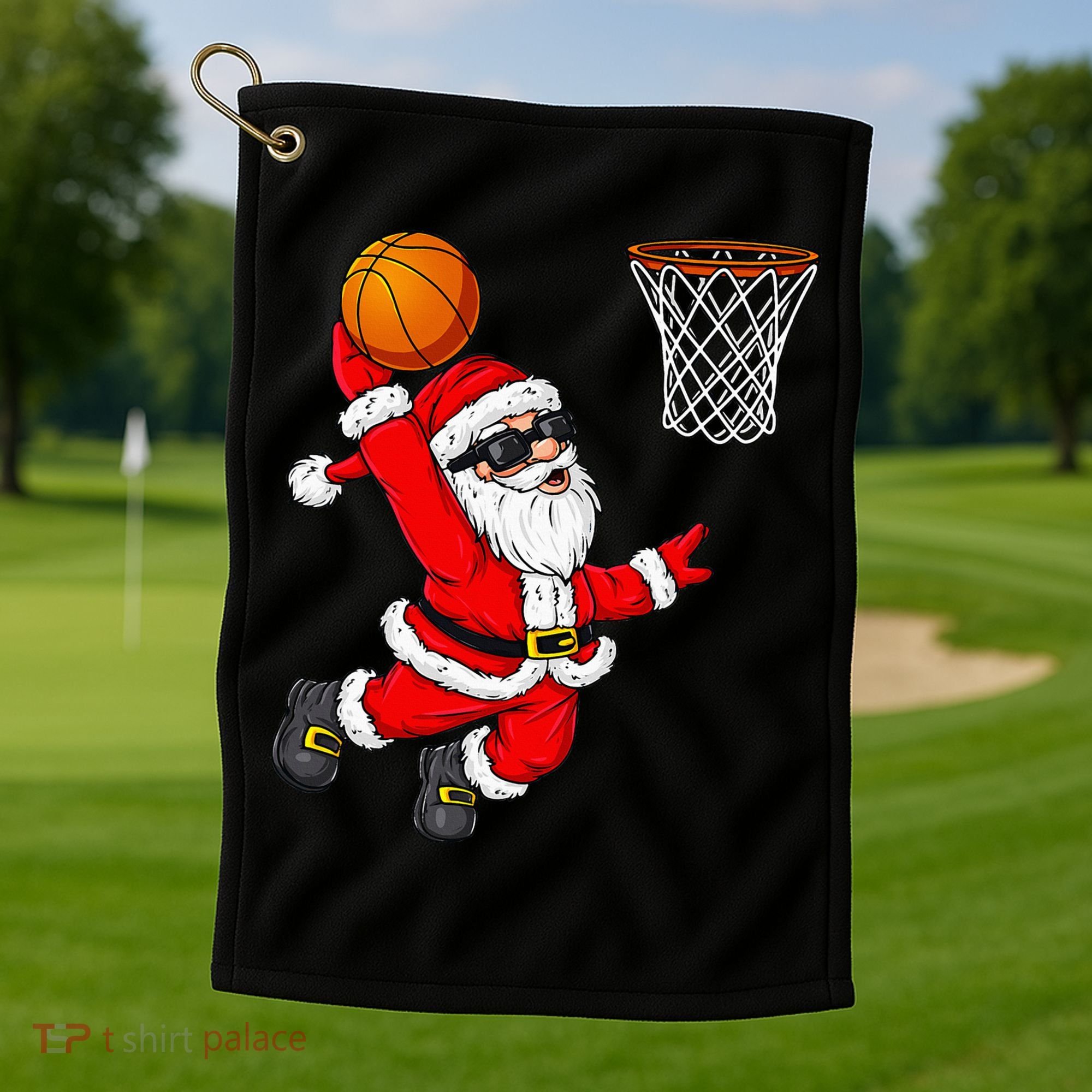 Christmas Santa Claus Dunking A Basketball Xmas Golf Towel