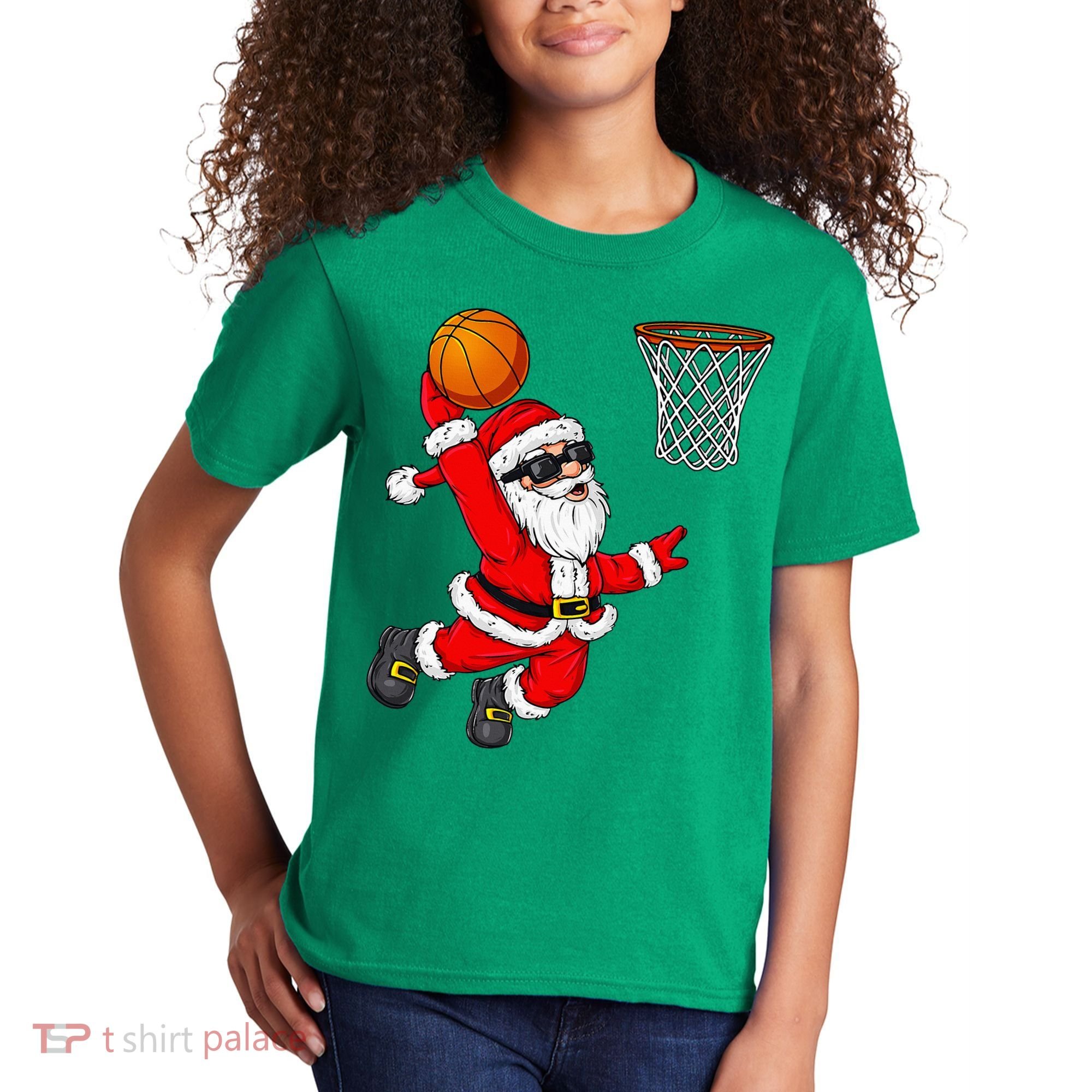 Christmas Santa Claus Dunking A Basketball Xmas Kids T-Shirt