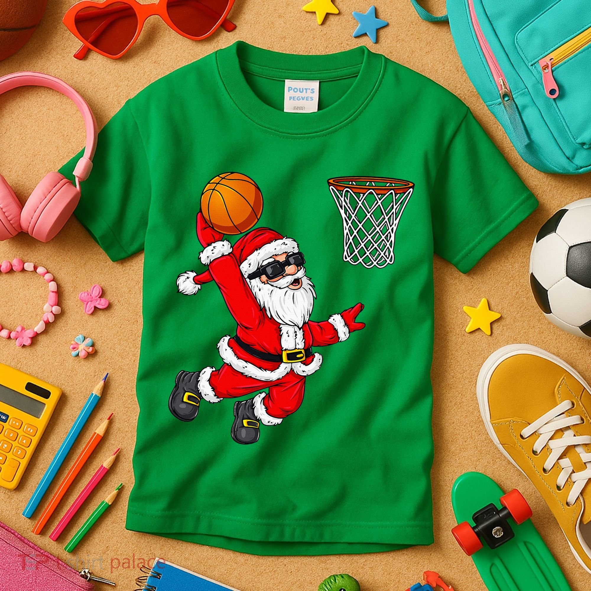 Christmas Santa Claus Dunking A Basketball Xmas Kids T-Shirt