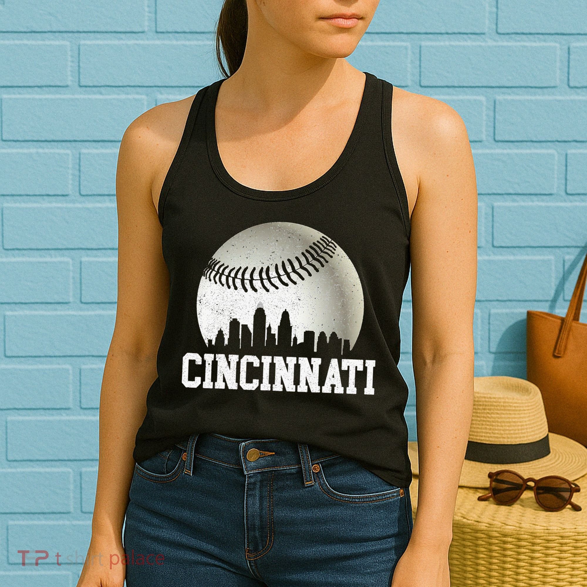 Cincinnati Skyline City Baseball Met At Women's Tank Top