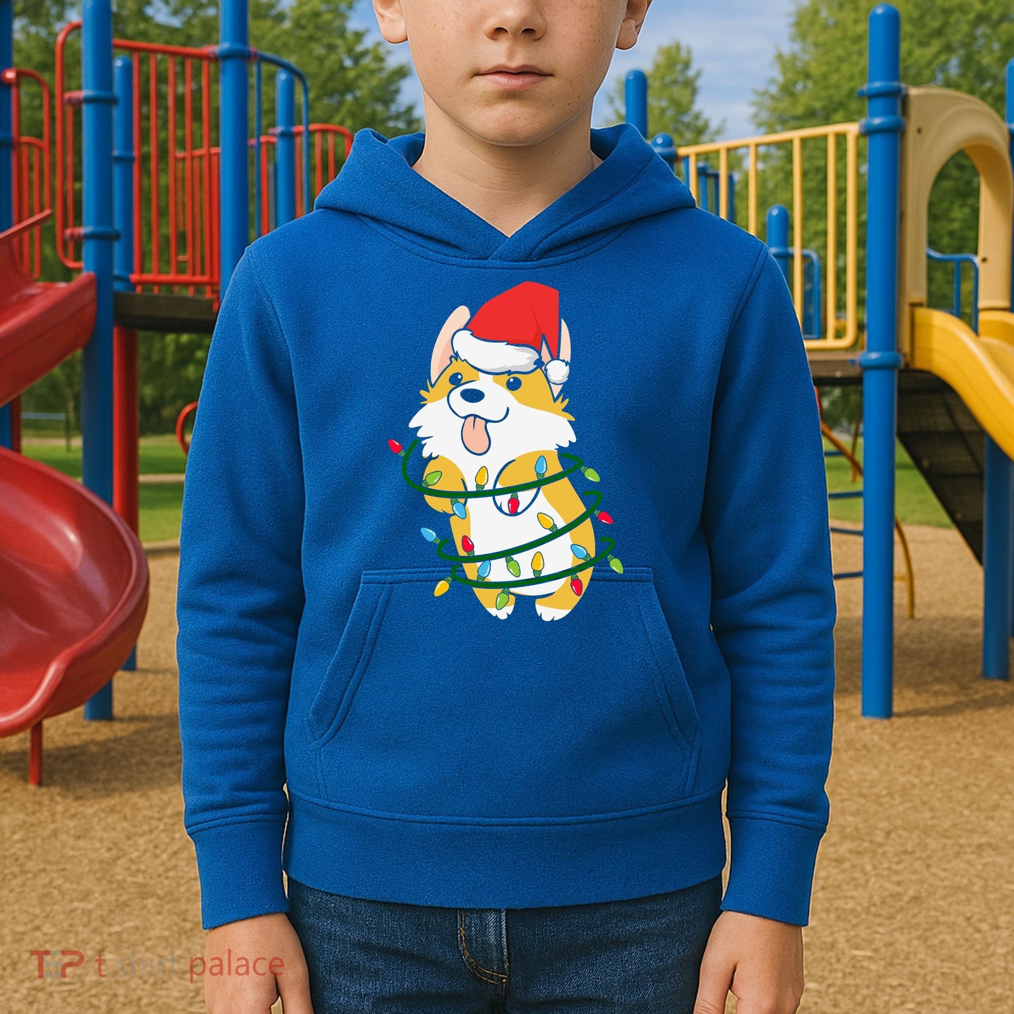 Corgi Santa Christmas Tree Lights Xmas Boys Corgmas Dog Kids Hoodie