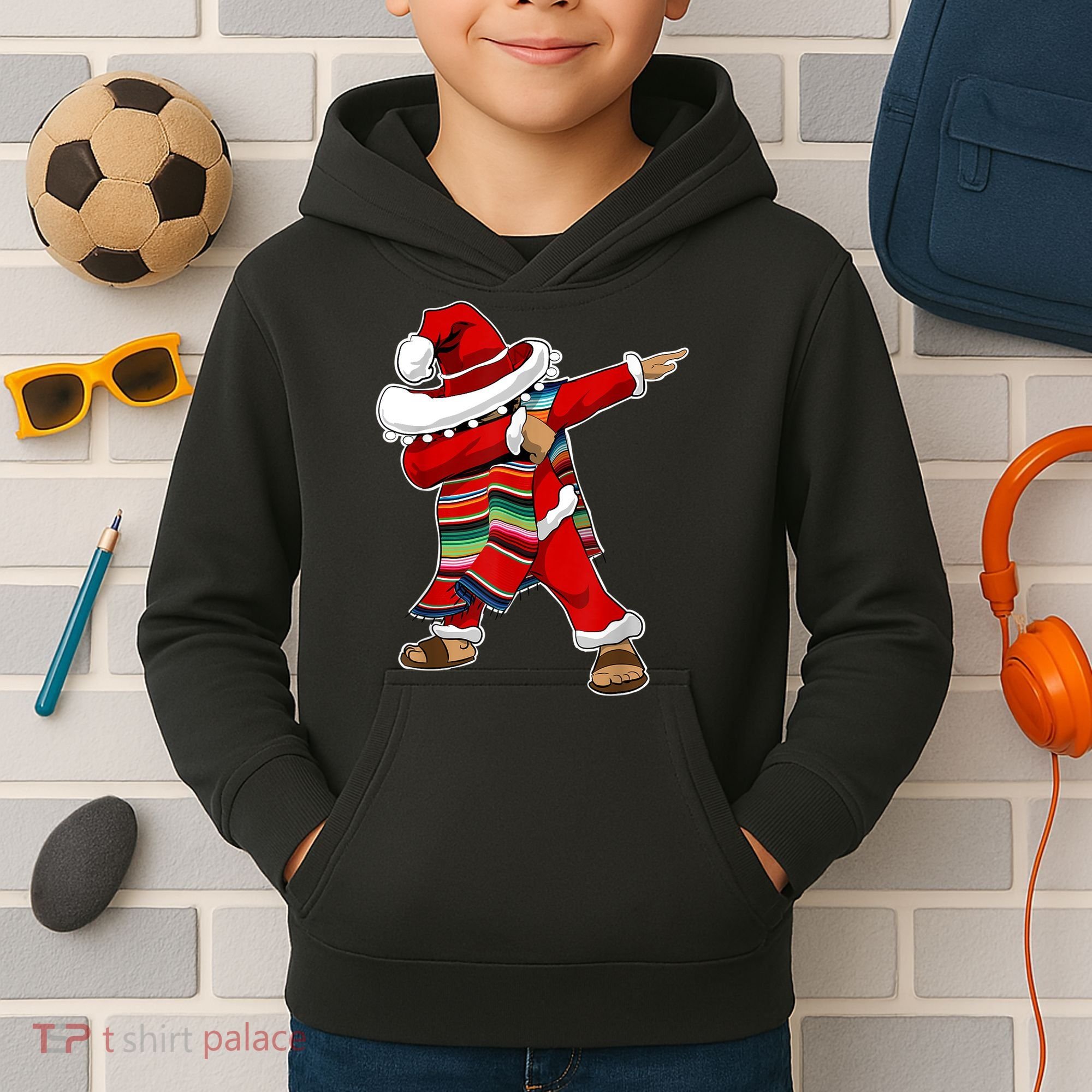 Christmas Sombrero Dabbing Mexican Serape Poncho Santa TShirt Kids Hoodie