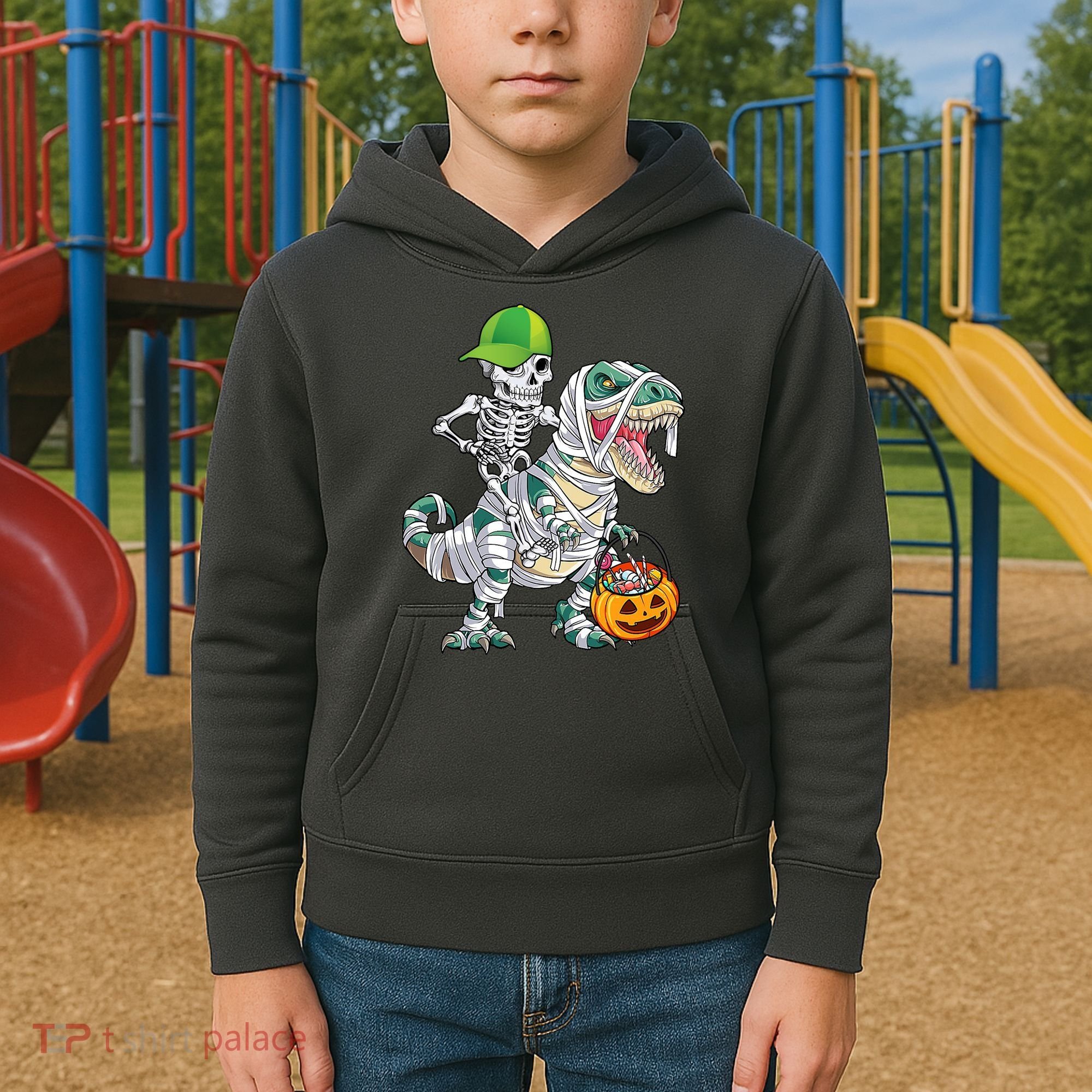 Cool Skeleton Dinosaur Halloween Trick Or Treat Kids Hoodie