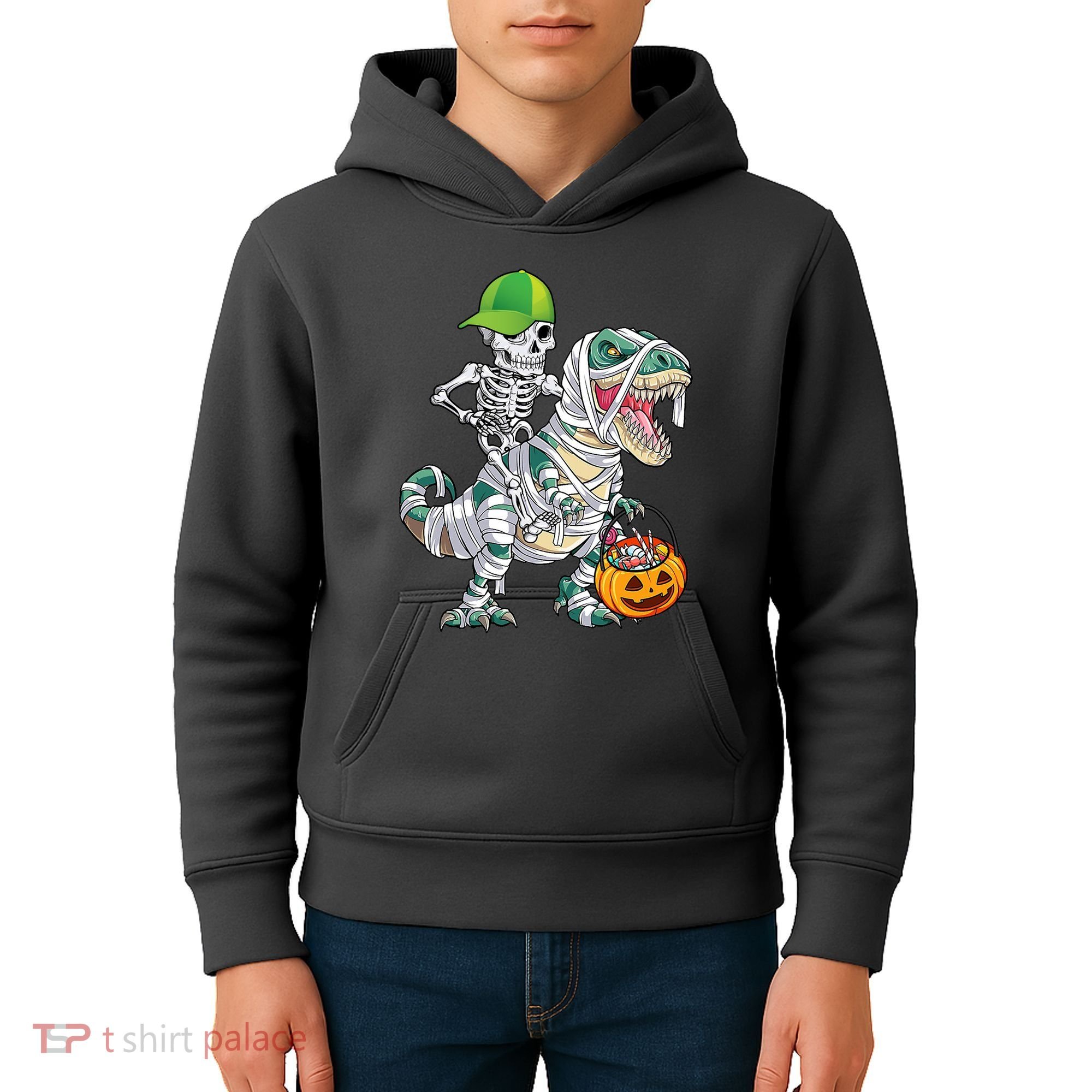 Cool Skeleton Dinosaur Halloween Trick Or Treat Kids Hoodie