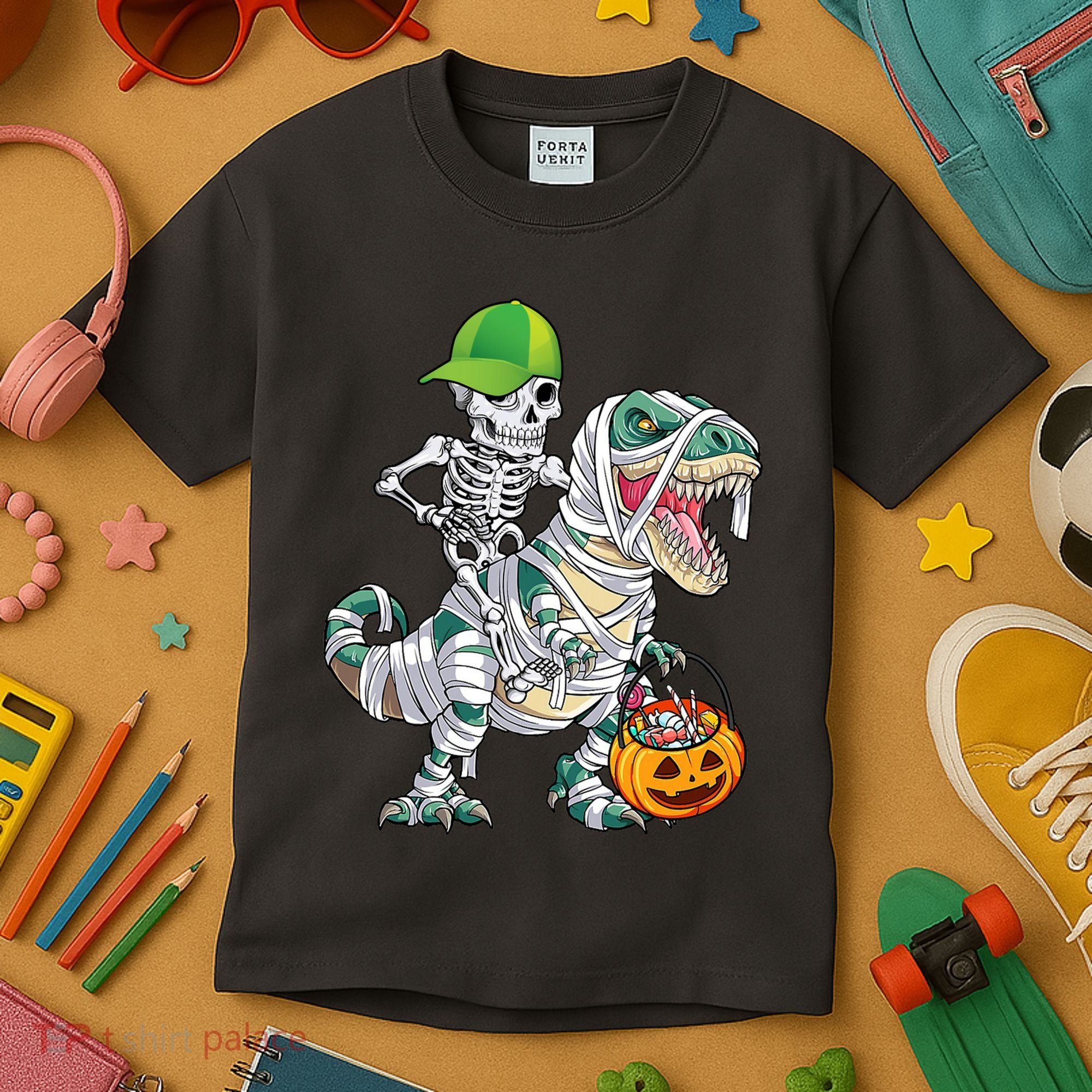 Cool Skeleton Dinosaur Halloween Trick Or Treat Kids T-Shirt