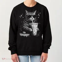Cool Cat Sipping Drink With Sunglasses Graphic Women's Sweatshirt thumb 0