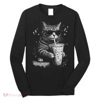 Cool Cat Sipping Drink With Sunglasses Graphic Long Sleeve Shirt thumb 0
