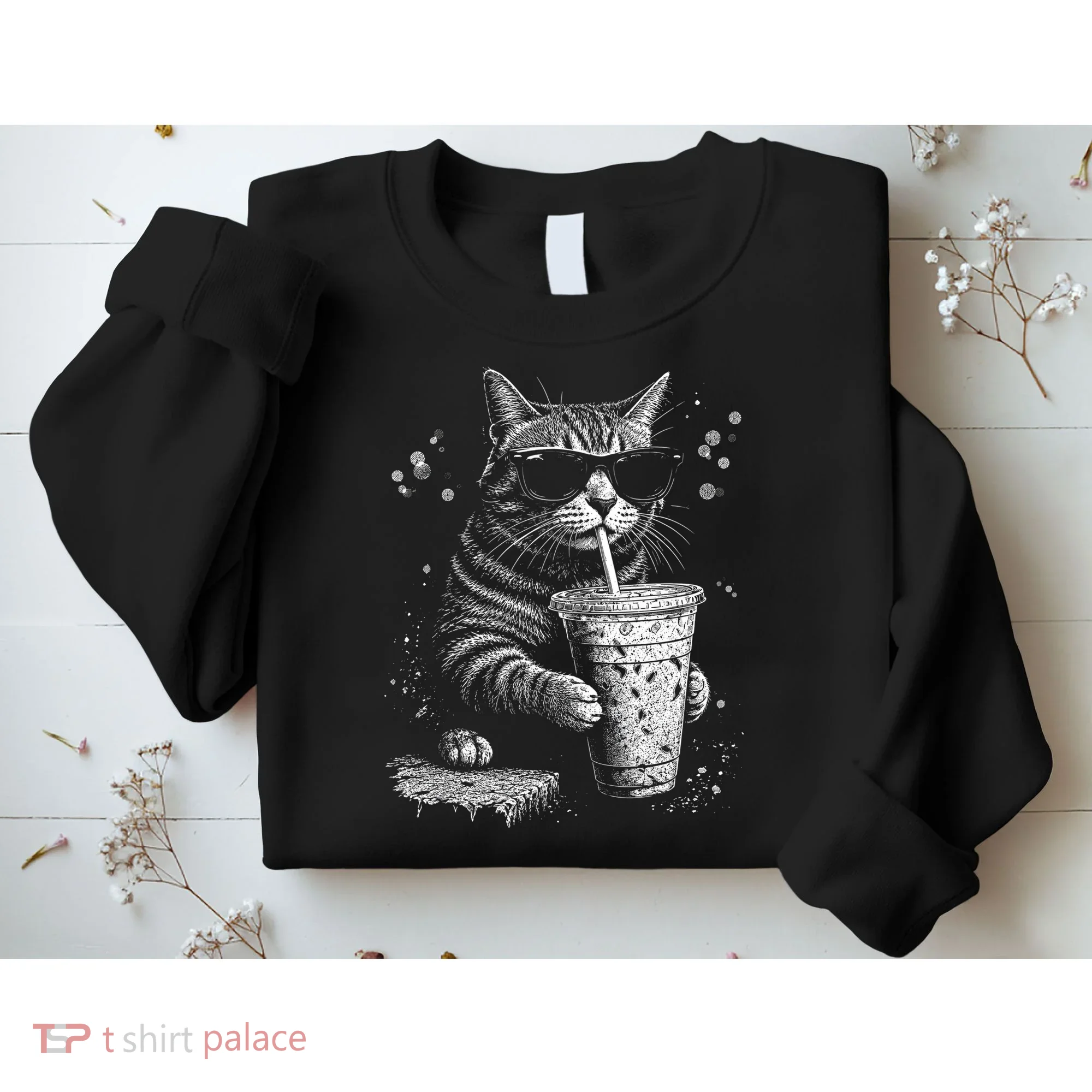 Cool Cat Sipping Drink With Sunglasses Graphic Sweatshirt