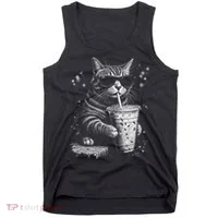 Cool Cat Sipping Drink With Sunglasses Graphic Tank Top thumb 0