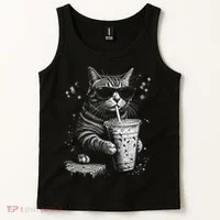 Cool Cat Sipping Drink With Sunglasses Graphic Tank Top thumb 2