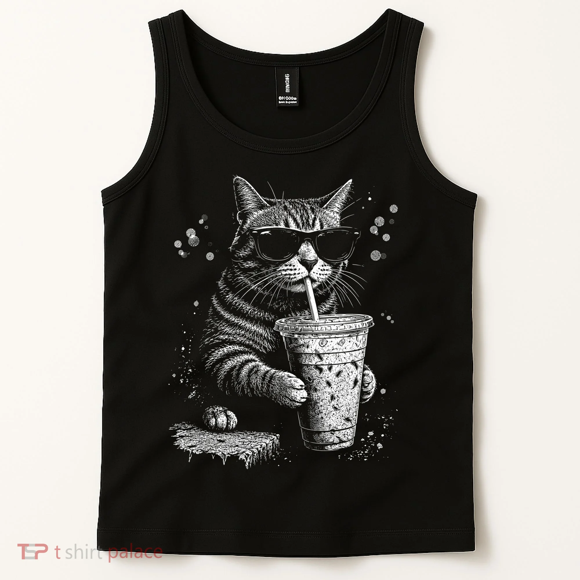 Cool Cat Sipping Drink With Sunglasses Graphic Tank Top