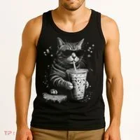 Cool Cat Sipping Drink With Sunglasses Graphic Tank Top thumb 3