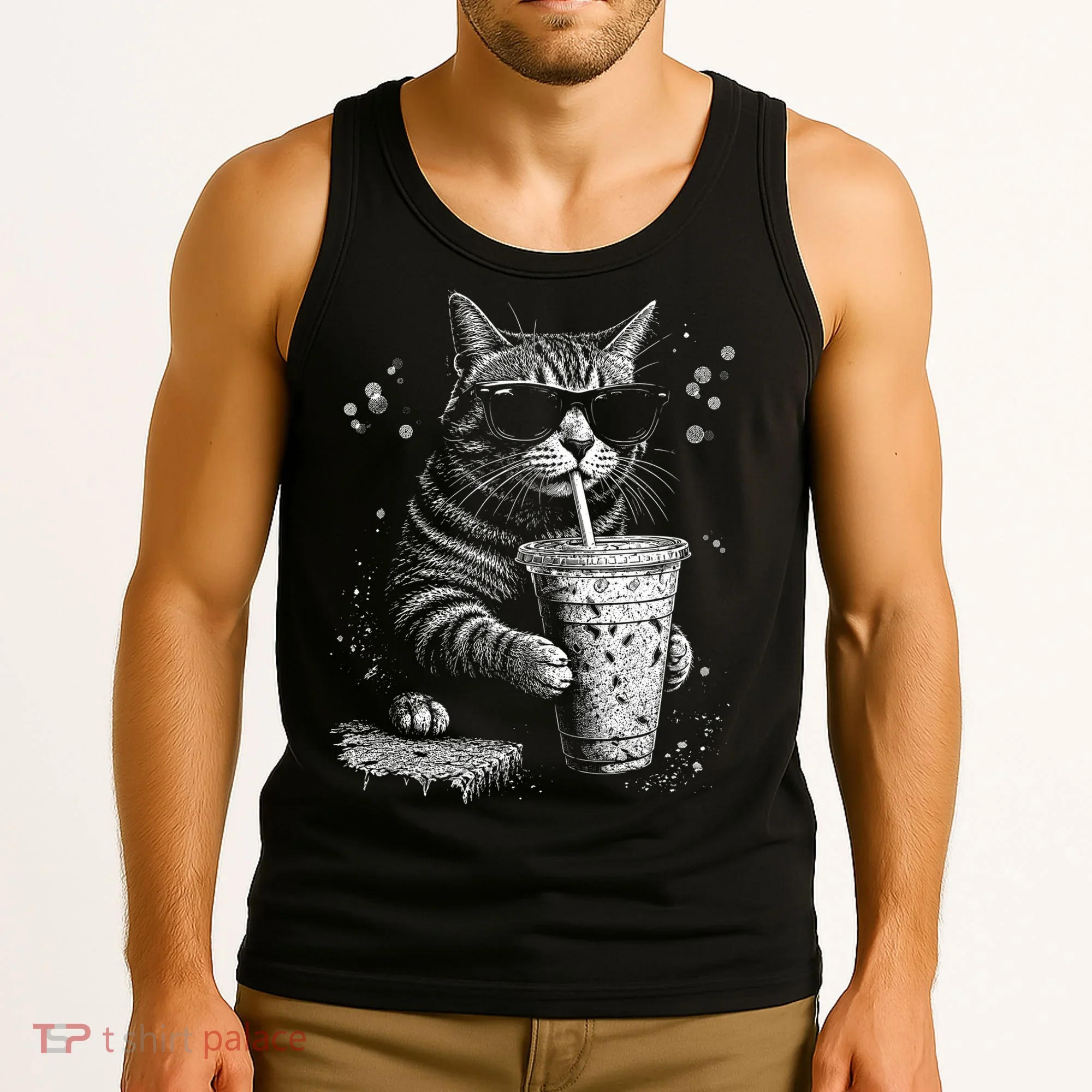 Cool Cat Sipping Drink With Sunglasses Graphic Tank Top