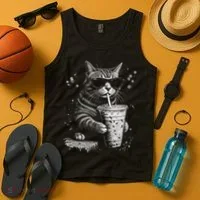 Cool Cat Sipping Drink With Sunglasses Graphic Tank Top thumb 4