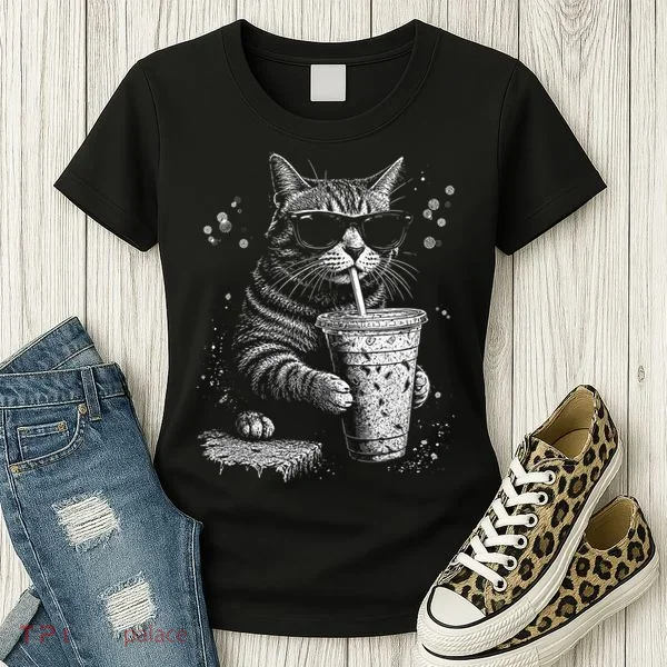 Cool Cat Sipping Drink With Sunglasses Graphic Women's T-Shirt
